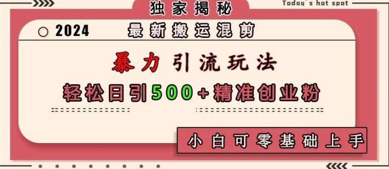 最新搬运混剪暴力引流玩法，轻松日引500+精准创业粉，小白可零基础上手