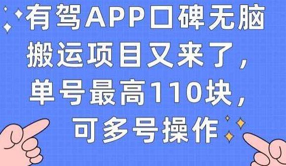 有驾APP口碑无脑搬运项目又来了，单号最高110块，可多号操作，有驾APP口碑搬运项目火热开启，单号收益达新高，多号操作轻松实现高收益