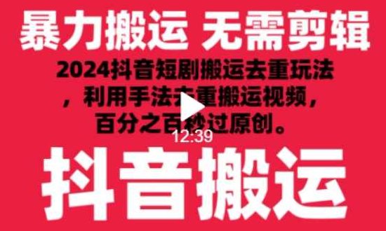 2024最新抖音搬运技术，抖音短剧视频去重，手法搬运，利用工具去重，达到秒过原创的效果【揭秘】,视频,抖音,创业,第1张