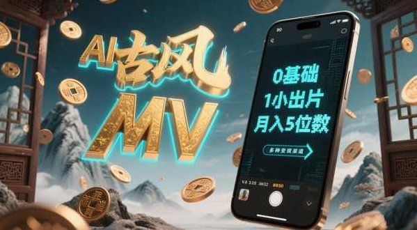 AI一键生成古风音乐MV，0剪辑基础1小时出片，多种变现渠道，一部手机月入5位数,课程,视频,基础,第1张