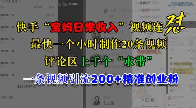 快手“宝妈日常收入”视频连怼，一个小时制作20条视频，评论区上千个“求带”，一条视频引流200+精准创业粉【项目拆解】,课程,视频,第1张