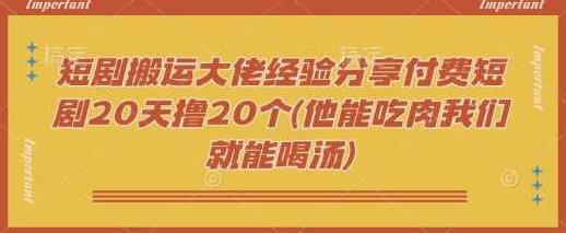 短剧搬运大佬经验分享付费短剧20天撸20个(他能吃肉我们就能喝汤)【揭秘】,课程,视频,揭秘,第1张
