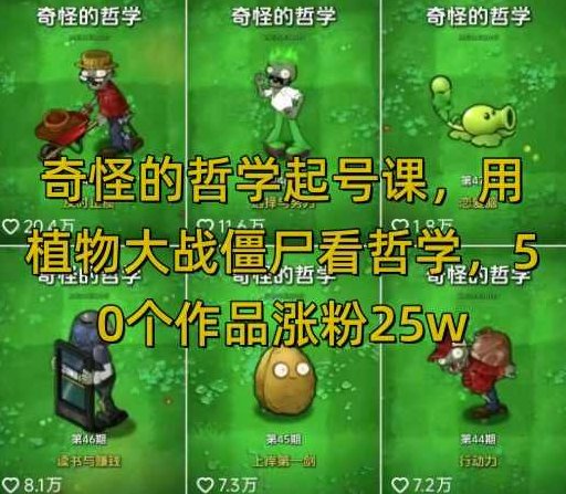 奇怪的哲学起号课，用植物大战僵尸看哲学，50个作品涨粉25w，暴力撸收益，全平台均可发布【揭秘】,课程,视频,培训,第1张