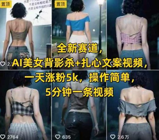 全新赛道，AI美女背影杀+扎心文案视频，一天涨粉5k，操作简单，5分钟一条视频【揭秘】AI美女背影杀爆款标题，揭秘五分钟涨粉5k，全新赛道操作简单,视频,揭秘,秘籍,第1张