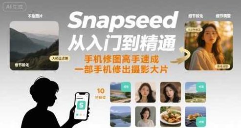Snapseed从入门到精通，手机修图高手速成，一部手机就能修出摄影大片，Snapseed进阶指南，Snapseed进阶指南，从新手到高手，一机修出摄影大片艺术效果,课程,制作,第1张