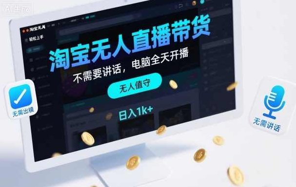 淘宝无人直播带货，不需要出镜，不需要讲话，电脑全天开播，轻松上手，淘宝智能无人直播带货，全自动、零互动、全天候，轻松开启电商新篇章