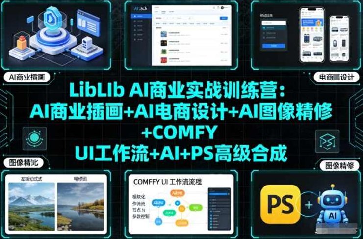 LibLIb AI商业实战训练营：AI商业插画+AI电商设计+AI图像精修+COMFY UI工作流+AI+PS高级合成，LibLIb AI商业实战训练营，AI技术驱动的商业插画与电商设计全攻略——图像精修、COMFY UI工作流与PS高级合成进阶课程