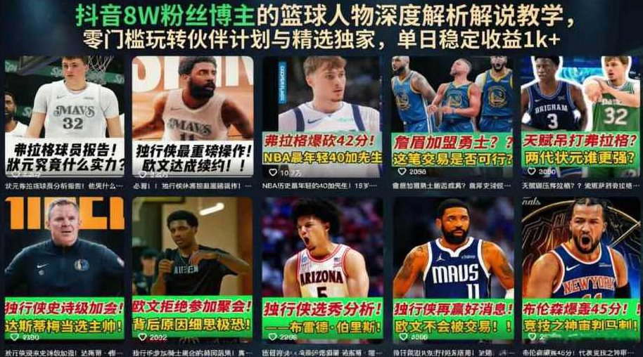 抖音8W粉丝博主的篮球人物深度解析解说教学，零门槛玩转伙伴计划与精选独家，单日稳定收益1k+