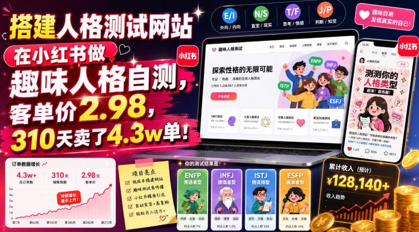 搭建人格测试网站在小红书做趣味人格自测,客单价2.98,310天卖了4.3w单!